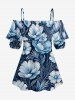 Flowers Leaf Print Cold Shoulder Ruffles Cover Hawaii Blouse - Bleu profond 4XL