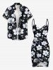 Plus Size Flower Leaf Print Convertible Hawaii Beach Cover - Noir L