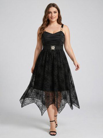Robe grande taille à volants et buste froncé, motif toile d'araignée, avec ceinture amovible - Bleu Profond - 2x | Us 18-20