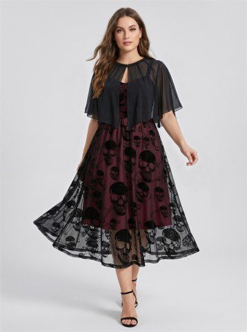 Plus Size Ruched Skull Flocking Mesh Tank Dress With Lace Trim Button Cover Cape - RED - 5X | US 30-32