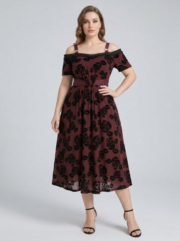 Robe débardeur grande taille à volants, imprimé fleurs roses, bordure en dentelle, épaules dénudées et froncées - Rouge Foncé - 2x | Us 18-20
