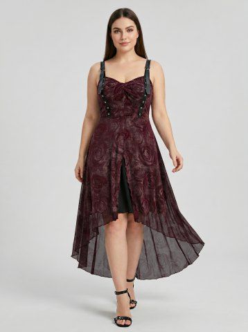 Plus Size Rose Flowers Print Ruched Grommets Ruffles High Low Tank Dress - RED WINE - 2X | US 18-20