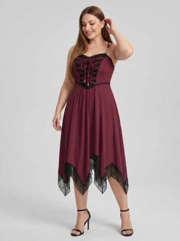 Plus Size Flower Lace Patchwork Textured Lace-up Crisscross Strappy Dress - DEEP RED - 3X | US 22-24