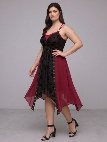 Gothic Plus Size Flower Flocking Twist Lace Up Crisscross Strappy Handkerchief Dress - DEEP RED - 4X | US 26-28