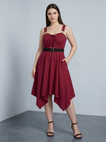 Plus Size Lace Up Solid Pockets Handkerchief Dress with Removable Belt - DEEP RED - L | US 12