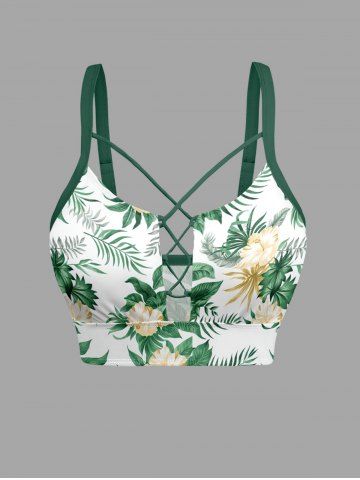 Plus Size Flowers Tropical Leaf Print Lace Up Panel Hawaii Tankini Top - GREEN - 4X