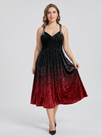 Plus Size Ombre Print Surplice Ruched Grommets PU Leather Straps Velvet Tank Dress - DEEP RED - 2X | US 18-20
