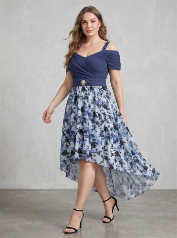 Plus Size Flowers Tie Dye Print Ruched Shell Buckle Cold Shoulder High Low Tank Dress - BLUE - 4X | US 26-28