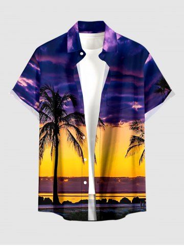 Plus Size Coconut Tree Ombre Dusk Sky Print Hawaii Button Pocket Shirt For Men - CONCORD - 4XL