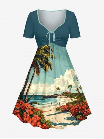 Robe trapèze cintrée hawaïenne à imprimé cocotier, fleur d'hibiscus et plage - LIGHT BLUE - 5X