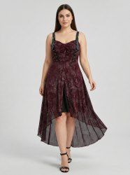 Robe débardeur grande taille à imprimé roses, froncée, œillets et volants, asymétrique - Rouge Vineux 5x | US 30-32
