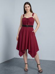 Plus Size Lace Up Solid Pockets Handkerchief Dress with Removable Belt -  