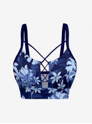 Flower Leaf Plant Print Hawaii Lace Up Tankini Top(Adjustable Shoulder Strap) - Bleu profond 4X
