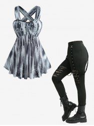 Bubble Ombre Print Overlap Panel Lace Trim Tank Top and Skull Leggings Plus Size Outfit -  