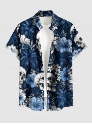 Plus Size Coconut Tree Skull Hibiscus Flower Print Buttons Pocket Hawaii Shirt For Men -  
