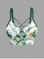 Plus Size Flowers Tropical Leaf Print Lace Up Panel Hawaii Tankini Top - Vert L