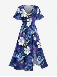 Flowers Leaf Tropical Print Split Hawaii Midi Dress -  