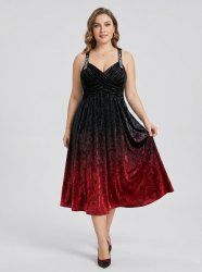 Robe débardeur en velours à imprimé ombré grande taille, cache-cœur, fronces et œillets, bretelles en similicuir. - Rouge foncé 2X | US 18-20