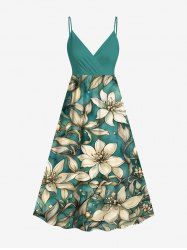 Flowers Leaf Print Surplice Hawaii Cami Dress - Turquoise Foncée 4X