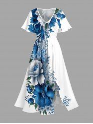 Flowers Leaf Print Split Hawaii Midi Dress -  