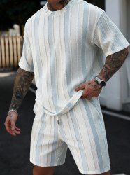 Men's Casual Jacquard Striped Textured Short Sleeves Pullover T-Shirt And Drawstring Shorts Set -  