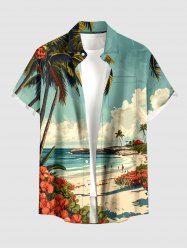 Coconut Tree Hibiscus Flower Sea Beach Print Hawaii Button Pocket Shirt For Men -  