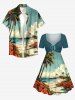 Robe trapèze cintrée hawaïenne à imprimé cocotier, hibiscus et plage - Bleu clair 6X