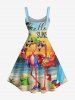 Robe trapèze hawaïenne à imprimé cocotier, flamant rose, fleurs et mer - Orange XS