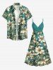 Flowers Leaf Print Surplice Hawaii Cami Dress - Turquoise Foncée 4X