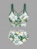 Plus Size Flowers Tropical Leaf Print Lace Up Panel Hawaii Tankini Top - Vert L