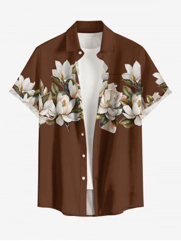 Plus Size Flower Leaf Print Hawaii Button Pocket Shirt For Men - BROWN - 3XL