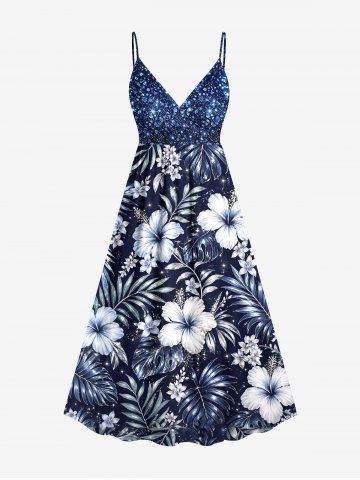 Plus Size Hibiscus Flower Tropical Leaf Print Surplice Hawaii Cami Dress - MIDNIGHT BLUE - 6X