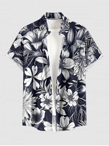 Plus Size Flowers Leaf Print Buttons Pocket Hawaii Shirt For Men - BLACK - 6XL