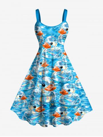 Plus Size Bubble Ducks Sea Waves Print Hawaii Tank Dress - LAKE BLUE - 5X