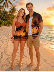 Coconut Tree Ombre Dusk Print Matching Hawaii Beach Outfit For Couples -  