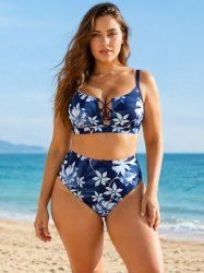 Flower Leaf Plant Print Hawaii Plus Size Matching Set -  