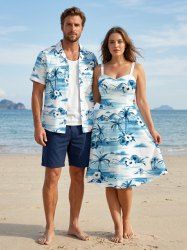Hibiscus Flower Coconut Tree Print Matching Hawaii Beach Outfit For Couples -  