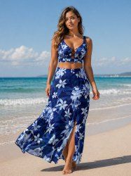 Flower Leaf Plant Print Hawaii Plus Size Matching Set -  