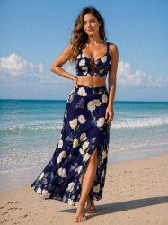 Ombre Flower Print Hawaii Plus Size Matching Set -  