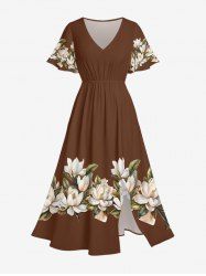 Flower Leaf Print Hawaii Split Pocket A Line Midi Dress - Brun L