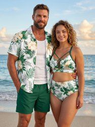 Flowers Tropical Leaf Print Matching Hawaii Beach Outfit For Couples -  
