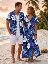 Flowers Leaf Tropical Print Matching Hawaii Beach Outfit For Couples -  