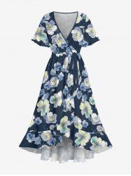 Flower Leaf Print Hawaii Ruffles Tied A Line Dress - Paon Bleu 4X