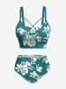 Flower Leaf Print Hawaii Lace Up Tankini Swimsuit (Adjustable Shoulder Strap) -  