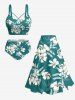 Flower Leaf Print Hawaii Lace Up Tankini Swimsuit (Adjustable Shoulder Strap) -  