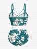 Flower Leaf Print Hawaii Lace Up Tankini Swimsuit (Adjustable Shoulder Strap) -  