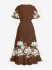Flower Leaf Print Hawaii Split Pocket A Line Midi Dress - Brun L