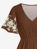 Flower Leaf Print Hawaii Split Pocket A Line Midi Dress - Brun L