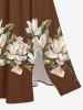 Flower Leaf Print Hawaii Split Pocket A Line Midi Dress - Brun L