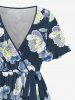 Flower Leaf Print Hawaii Ruffles Tied A Line Dress - Paon Bleu 4X